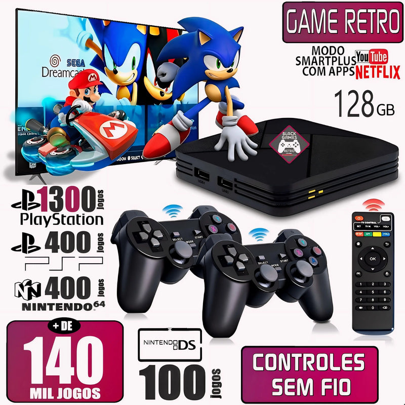 Video Game Retrô Super 128GB – 140.000 Jogos + 2 Controles Sem Fio