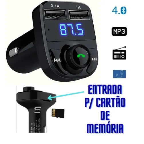 Carregador Usb P/ Carro Mp3 Transmissor Fm Sem Fio Bluetooth