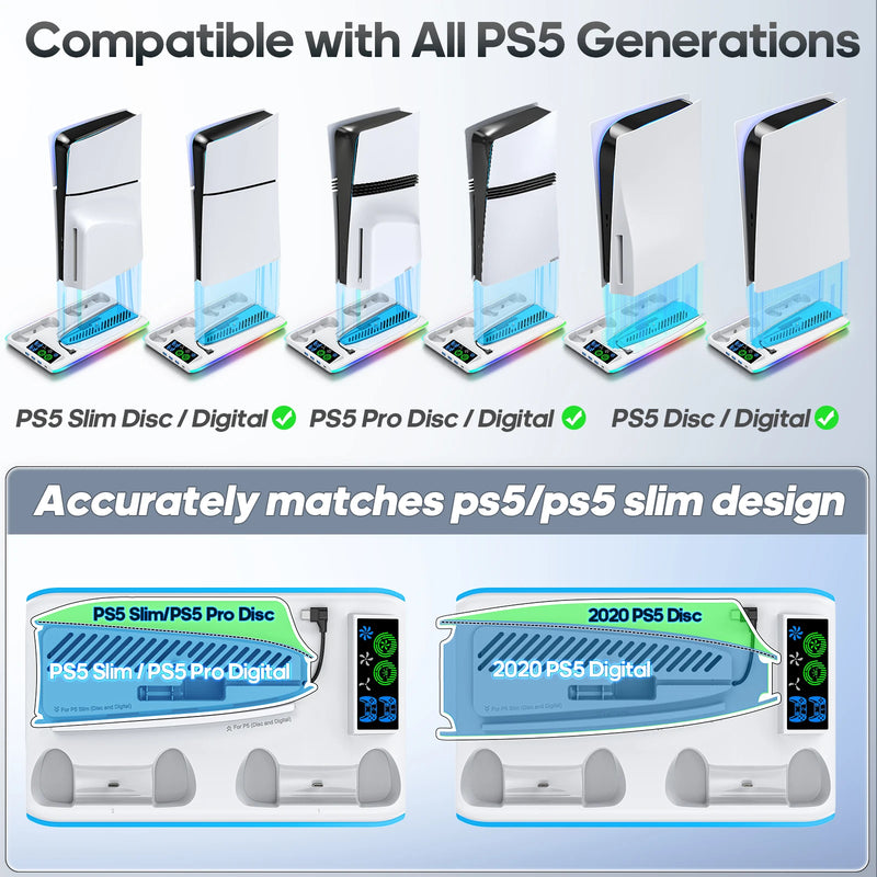 Suporte para PS5/PS5 Slim/PS5 Pro com Carregamento e Cooler