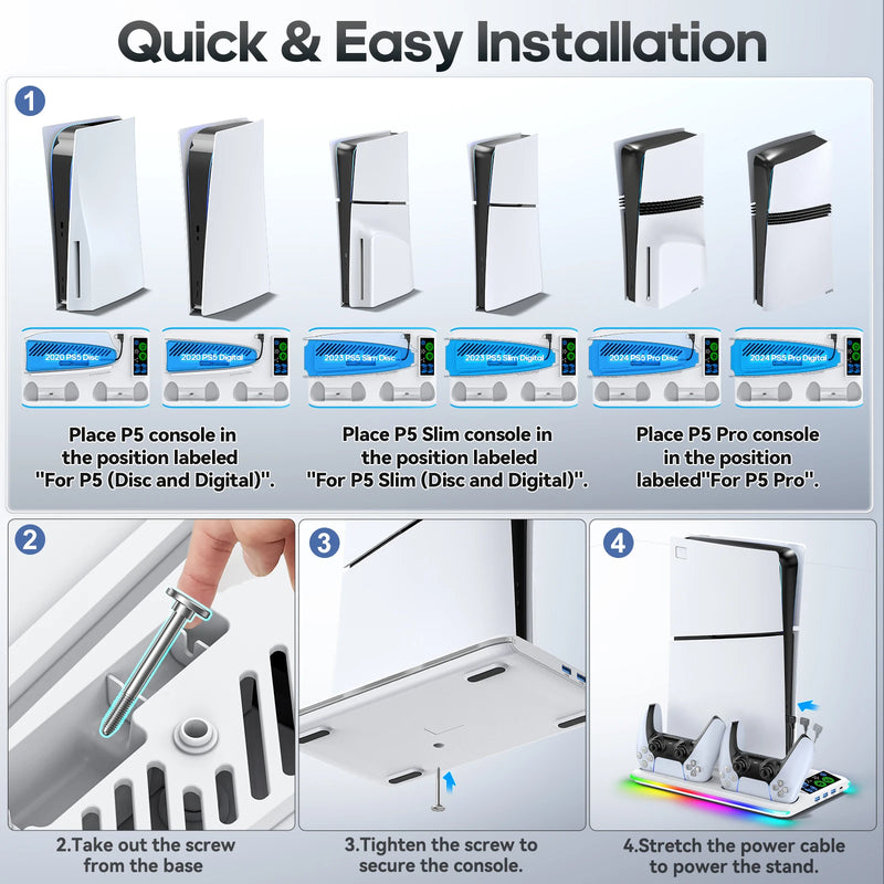Suporte para PS5/PS5 Slim/PS5 Pro com Carregamento e Cooler
